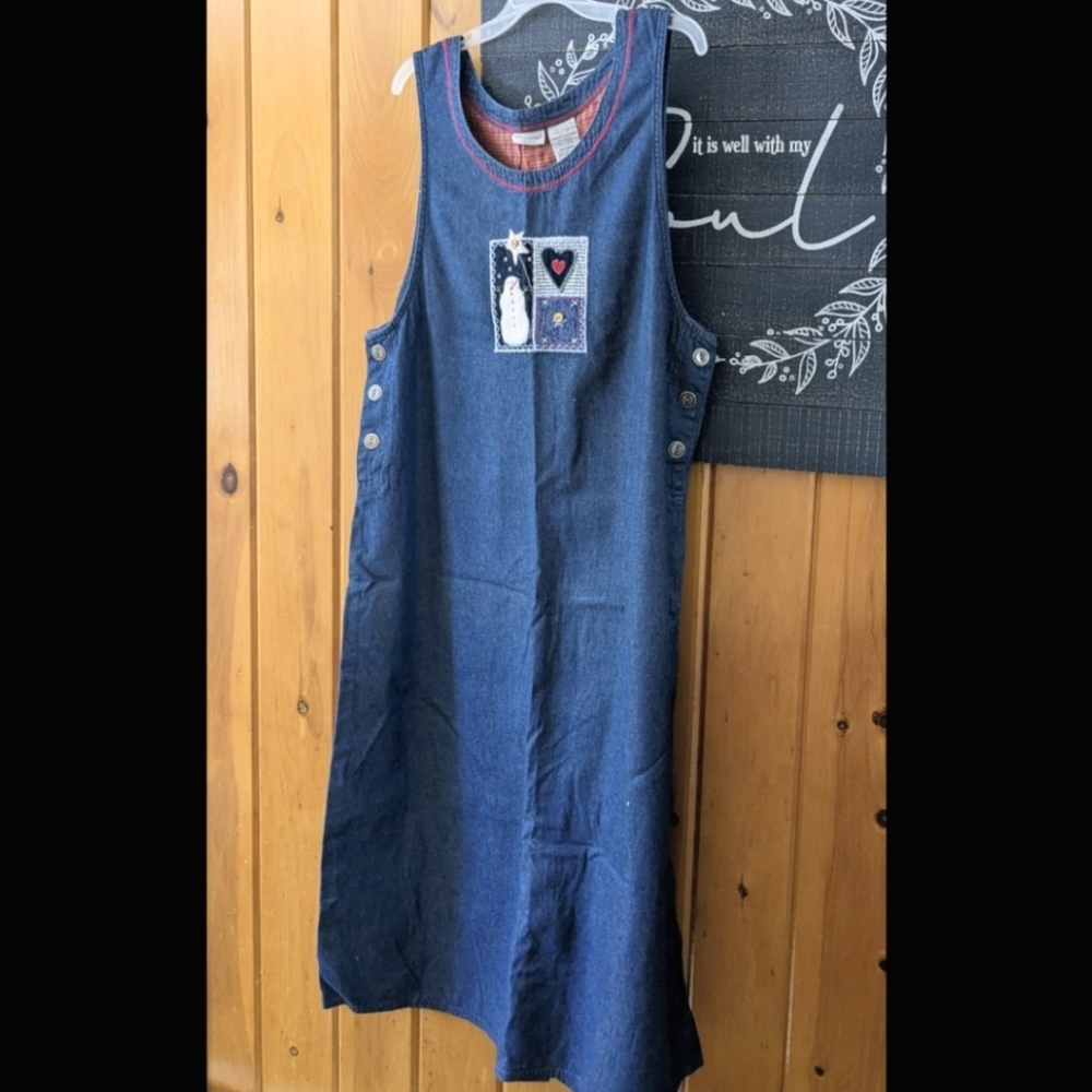 Christmas Y2K White Stag Dark Denim Jumper Dress Embroidered Snowman Sz XL